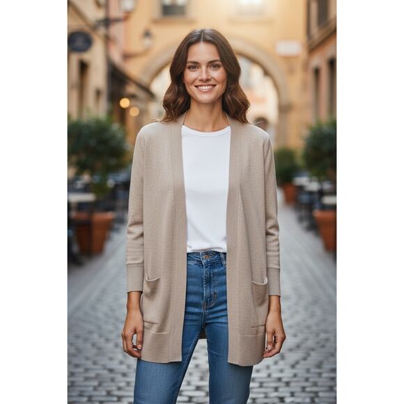 Nordstrom NWOT Open Front Merino Wool Blend Cardigan Sweater Size M Tan Neutral - Picture 1 of 5